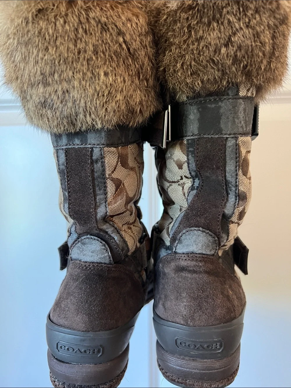 Coach Brown Signature Canvas Faux-Fur Cuff Winter Boots